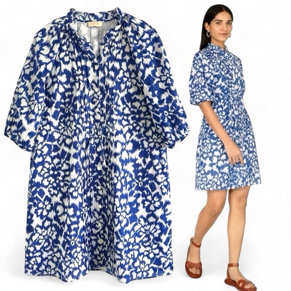 Banjanan Dresses & Skirts - BANJANAN BONITA IKAT BLUING SHORT SLEEVED COTTON DRAWSTRING DRESS SZ XL